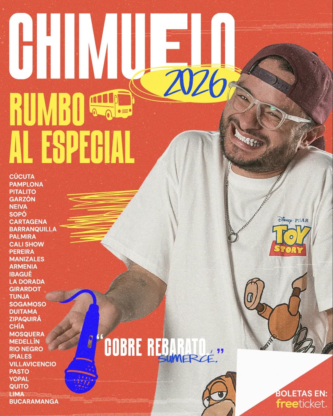 Afiche rojo «Rumbo al especial» de Chimuelo, con una fotografía del comediante sonriendo.